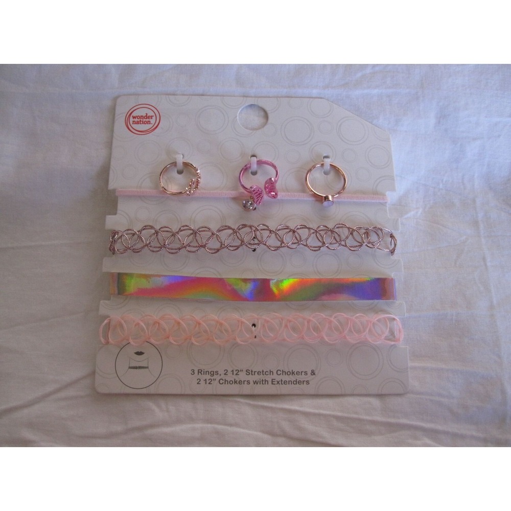 NEW Cute Adorable Girls 4 Choker Necklaces & 3 Rings Set Pink Shiny Rainbow Love